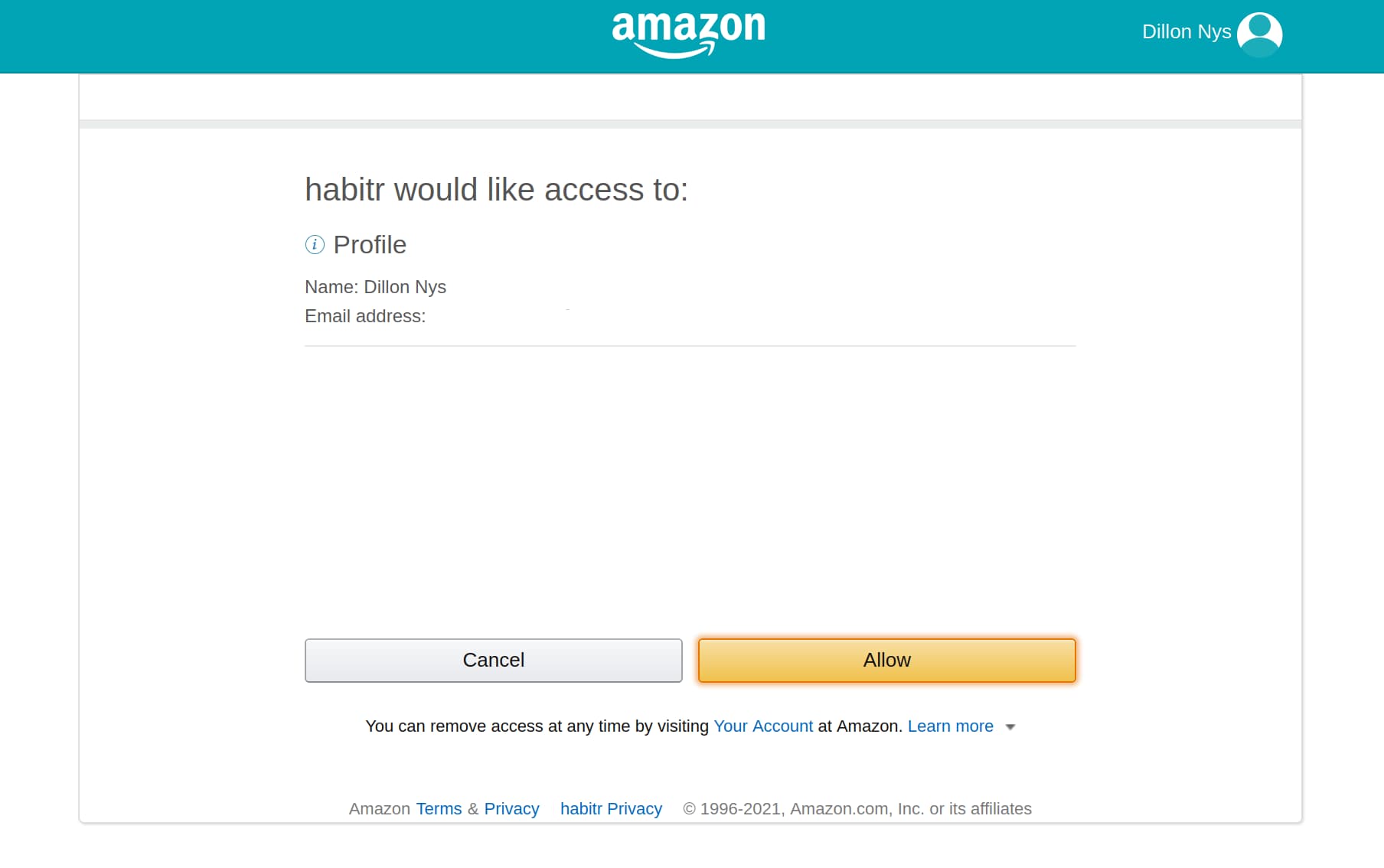 Login with Amazon consent screen
